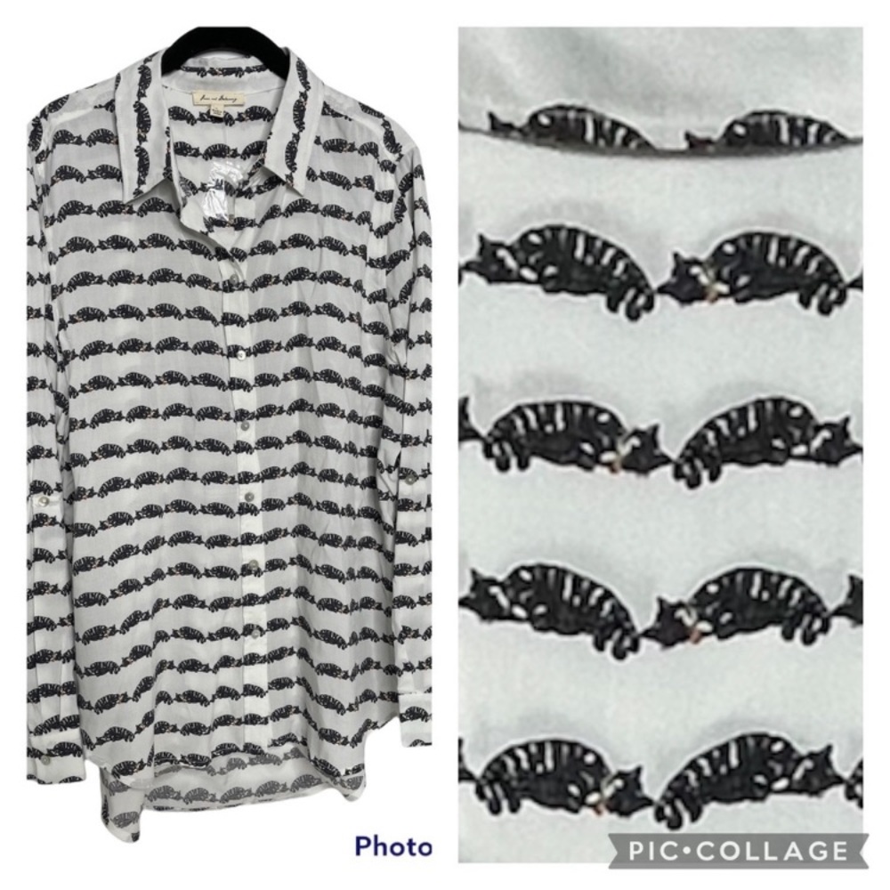 Jane & Delancey Top Sleeping Kitty Cat Print Button Front, Roll Up Sleeve L New